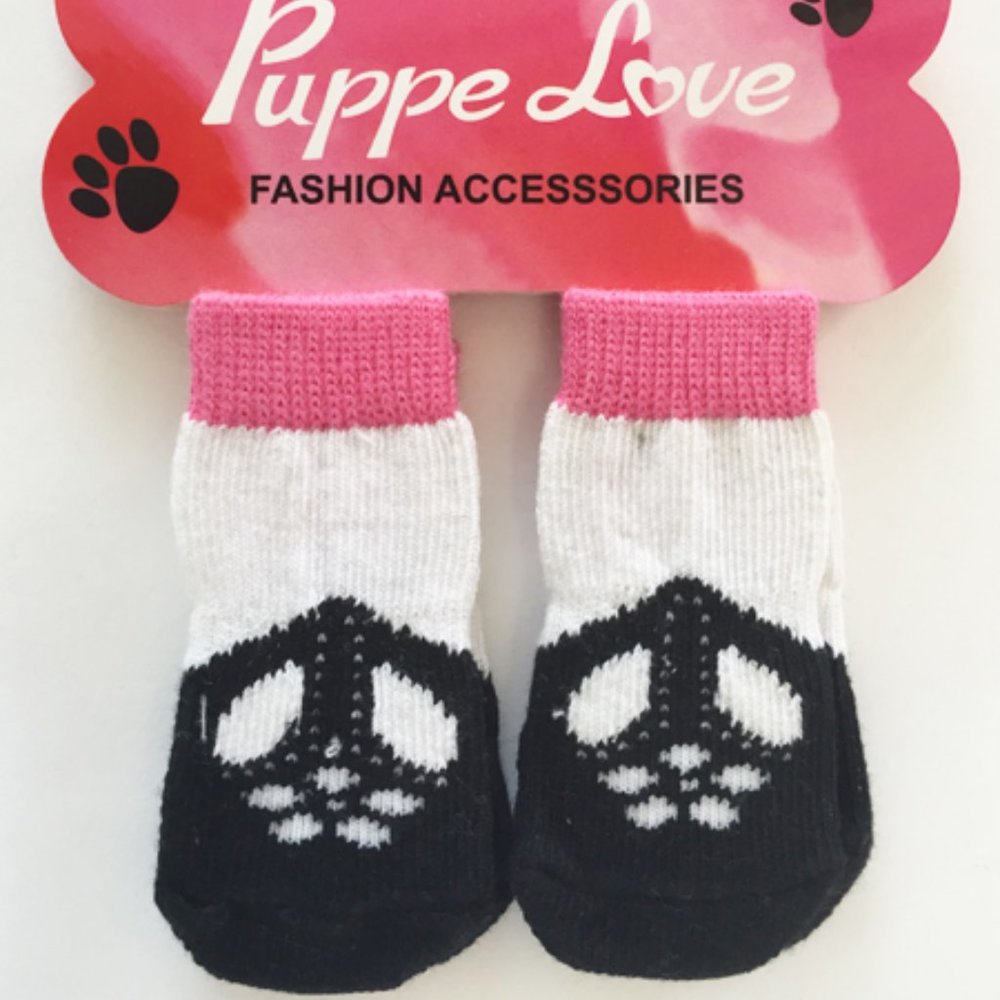 DOG PUPPY ANTI-SLIP PINK BLACK TINY SMALL SOCKS - Picture 1 of 4